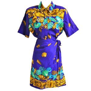 Vintage Skirt Set Ruched Side Sarong Tie Blouse Ocean Shells Theme Resort Sz M